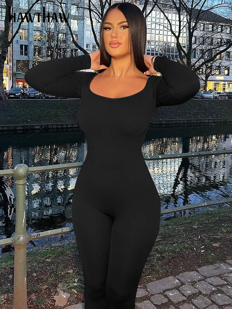 Hawthaw Women 2024 Spring Autumn Long Sleeve Streetwear Bodycon Jumpsuit Overall One Piece Outfit Wholesale Items For Business