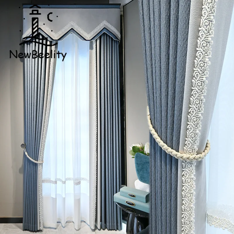 new modern Curtains for Living Dining Room Bedroom Light luxury simple floor-to-ceiling window blue gauze curtain