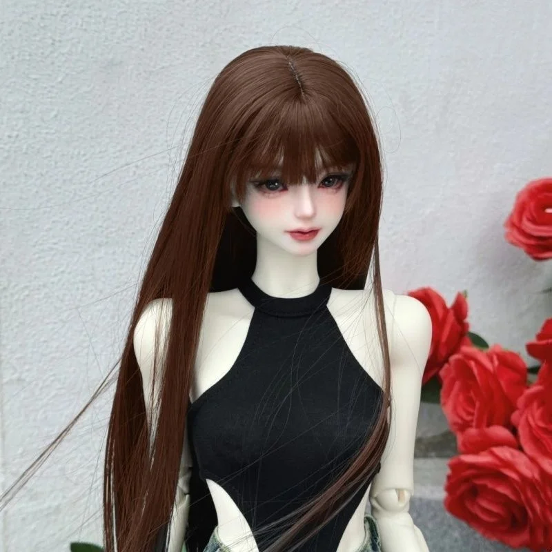 Bjd-Puppenperücke passt auf 1/3 1/4 1/6 Größe dunkelbraunes langes glattes Haar heiße Seidenpuppenzubehör
