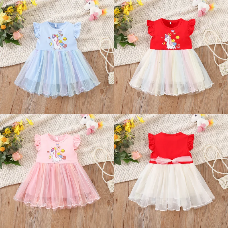 

Baby Dress Summer Cotton Solid Color Cartoon Animal Pattern Mesh Small Fly Sleeve Baby Girl Dress Cute Casual Beach Baby Clothes