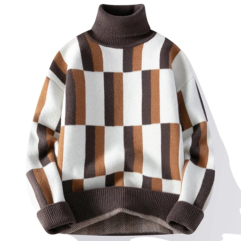 

Men's Slim Fit Grid pattern Sweater Autumn High collar Pullover LongSleeve Warm Slim Sweaters Men Casual Fashion Clothing