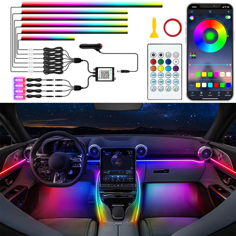 Car Acrylic Interior LED Strip Light Music Sync Dynamic Rainbow Dream Color Chasing Ambient Lighting Kit