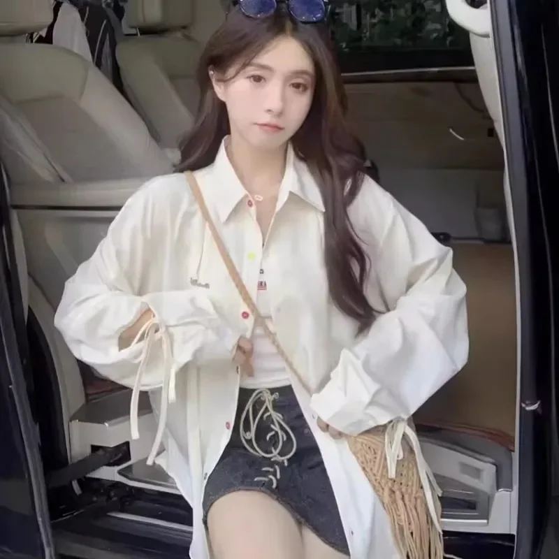 

Рубашки женские с цветными пуговицами, простая свободная универсальная корейская модная верхняя одежда, молодежная одежда на шнуровке с длинными рукавами Y2k, модные Ins