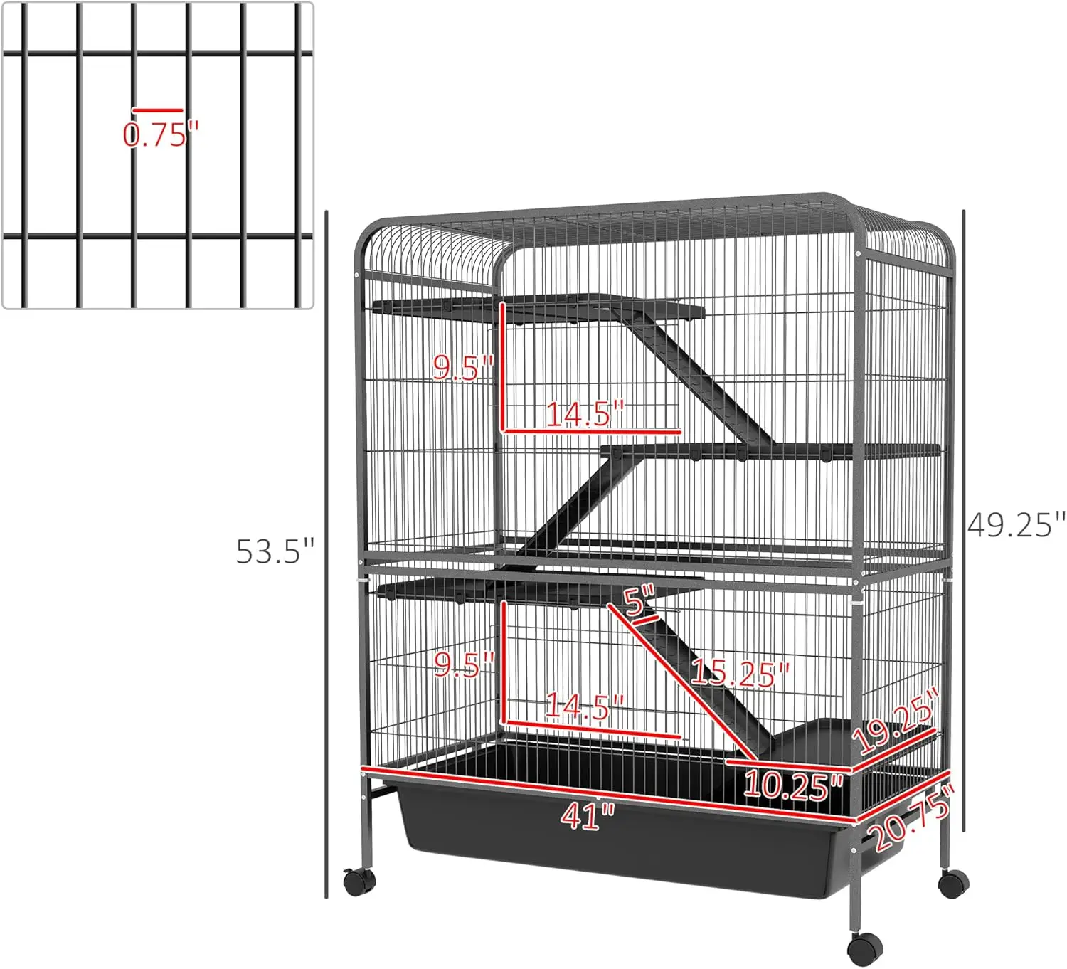 53.5" Small Animal Cage 5-Level Metal Ferret or Bunny Cage with Wheels Chinchilla Cage with Removable Tray 2 Front Doors