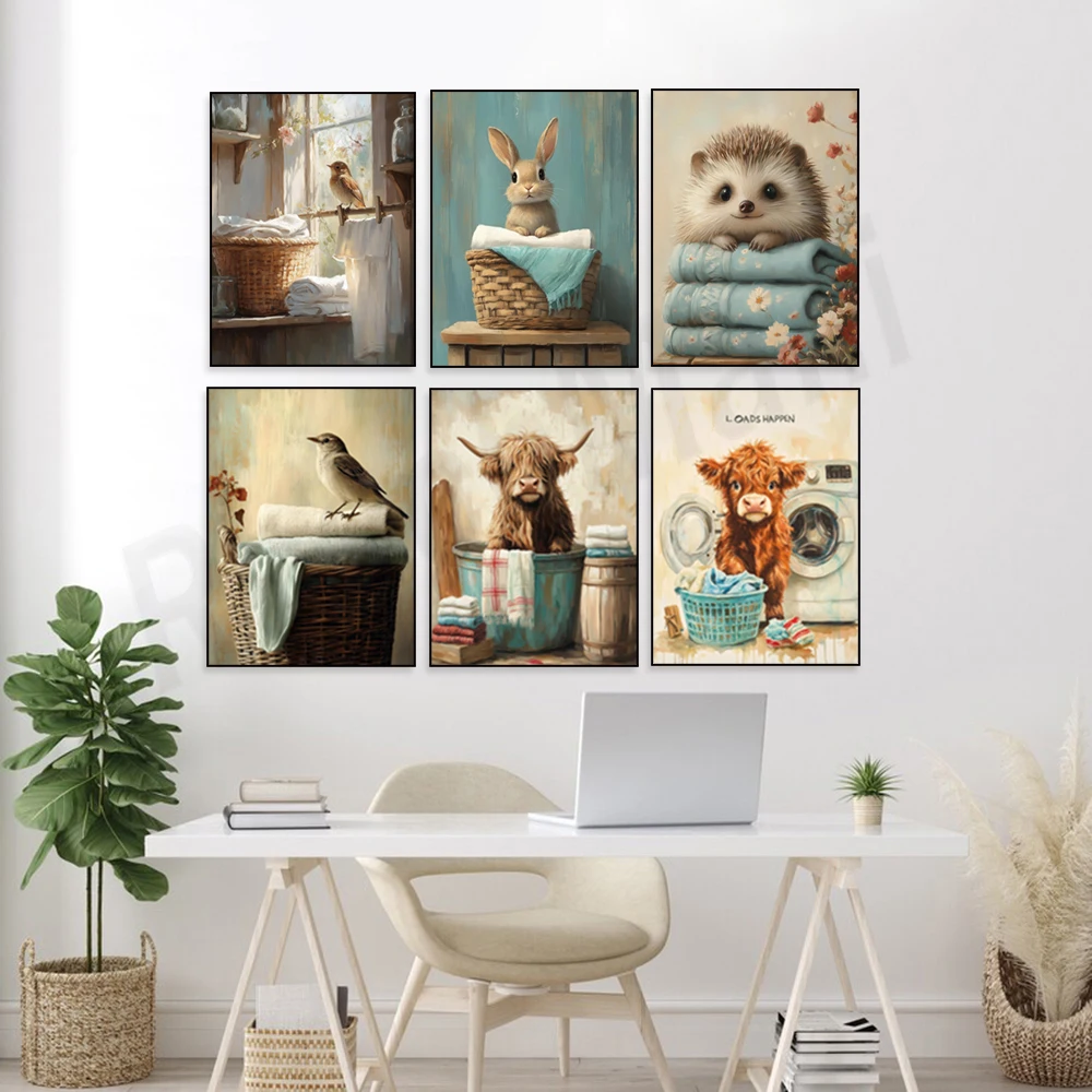 A rustic songbird on a woven basket, a prairie dog in a pile of clothes—a pastoral, cozy, and simple laundry room poster.