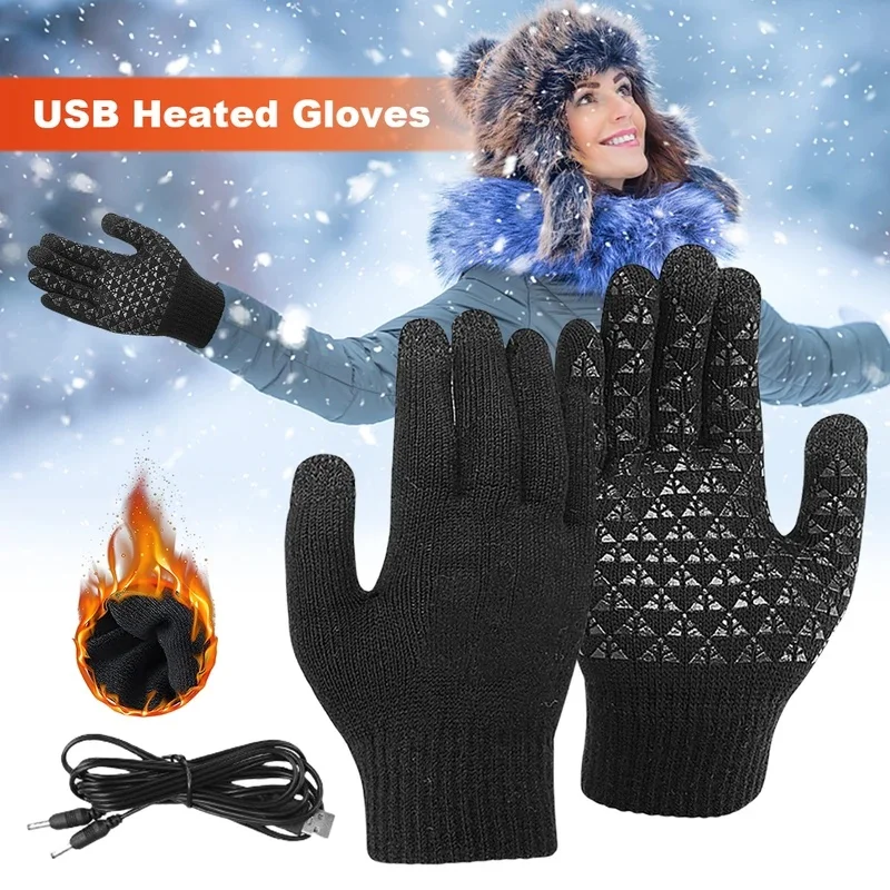 Electric Heated Gloves Touch Screen Knitted Gloves Hand Warmer Outdoor Riding Skiing Mitten for Cycling Driving Hiking Walking
