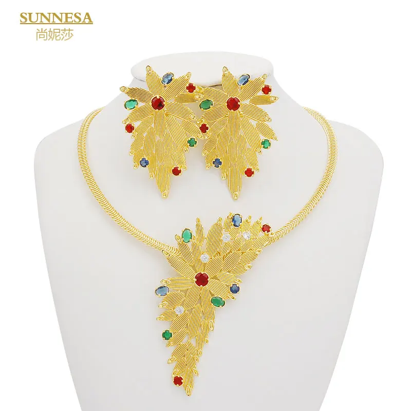 SUNNESA Colorful Zircon Luxury Dubai Jewelry Sets for Women Golden Necklace Earrings Party Gift Fashion African Bracelet Rings