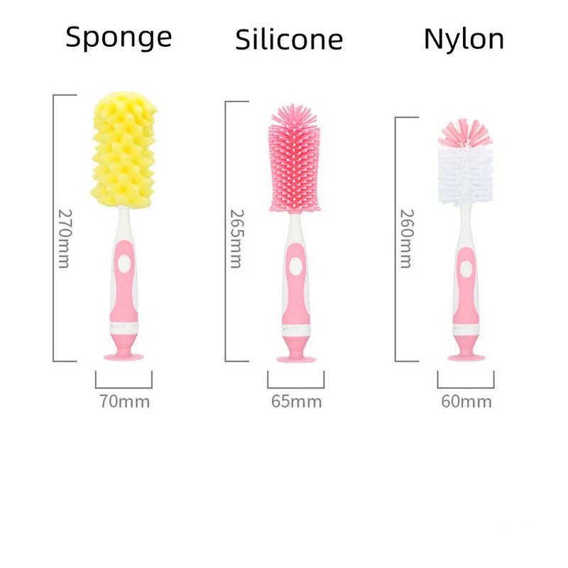 Baby Sponge/Nylon/Silicone Bottle Brush 360 Degree Rotation Baby Pacifier Cup Nipple Cleaning Brushes Set Handheld Soft Head