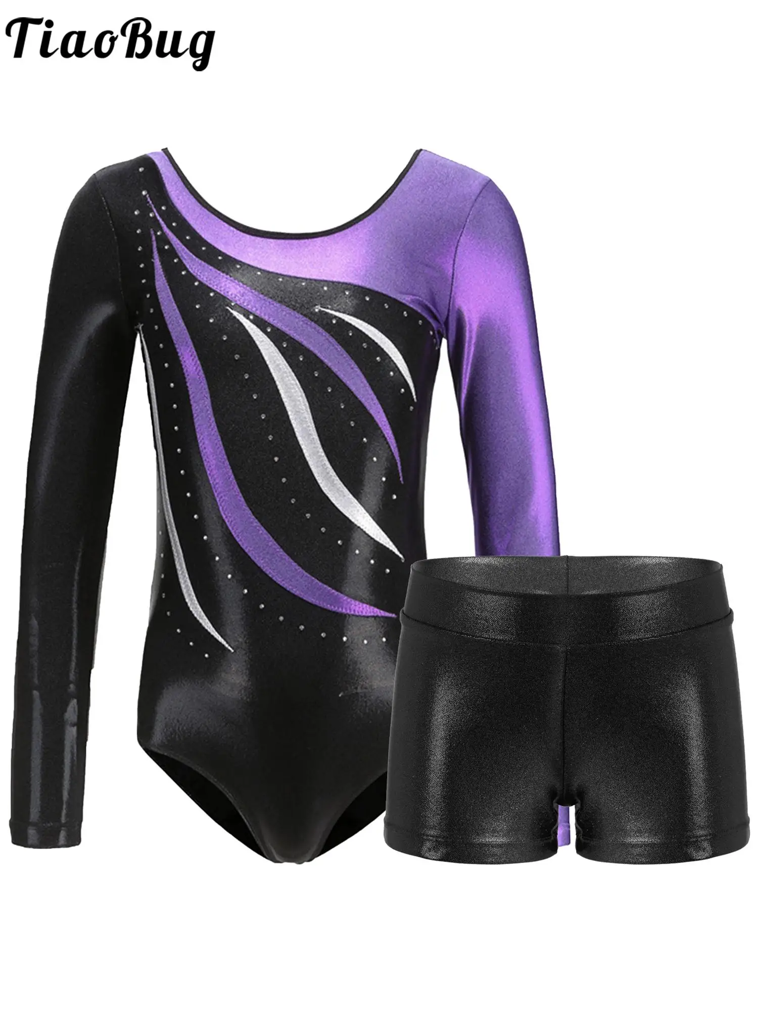 Kids Girls Metallic Long Sleeve Round Neck Gymnastics Wear Sparkling Rhinestones Leotard with Shorts for Dance Fitness Workout