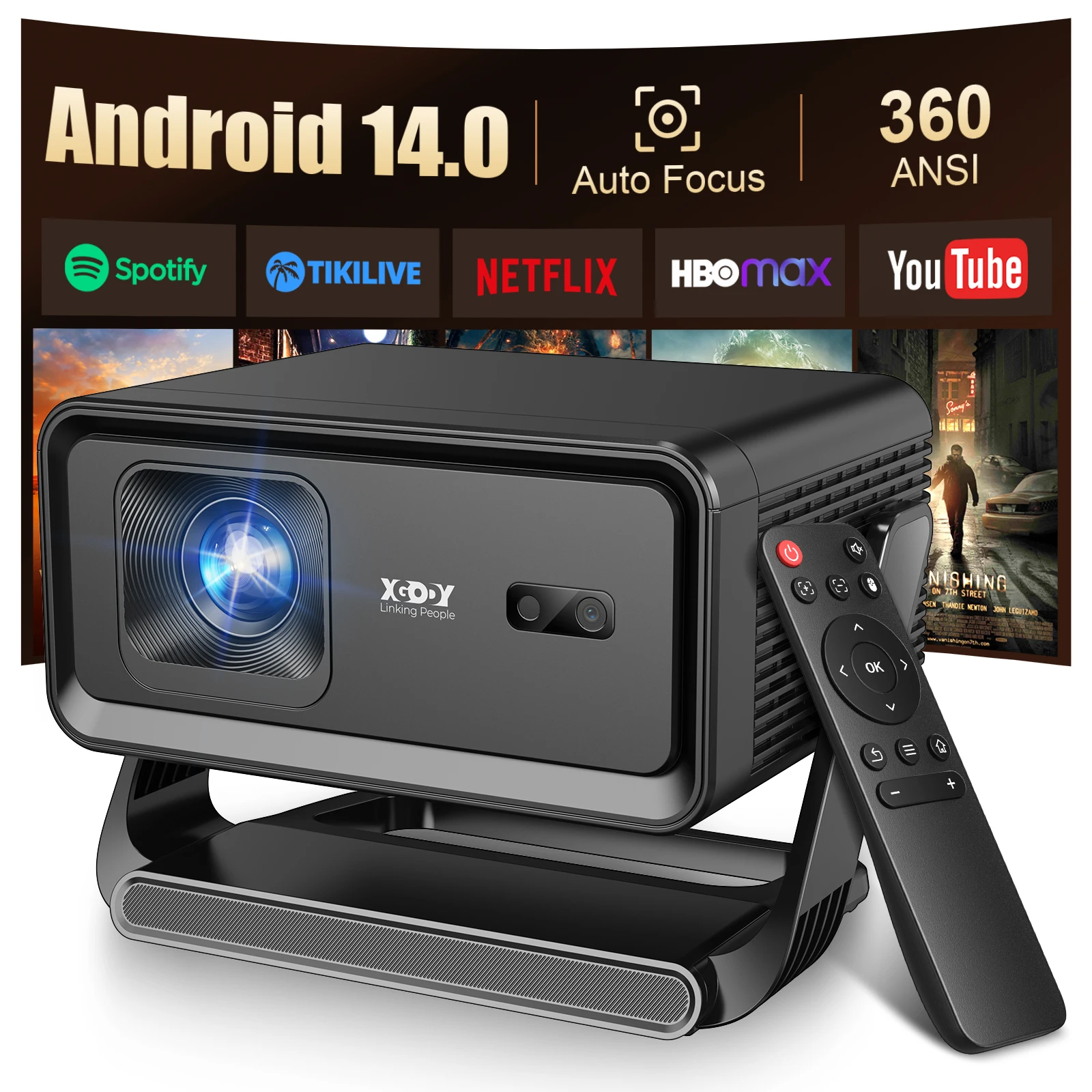 XGODY Gimbal A1 Autofocus Android 14 8K/4K Projector 360ANSI Native 720P with Wifi6 BT5.4 8G Allwinner H726 Portable Outdoor