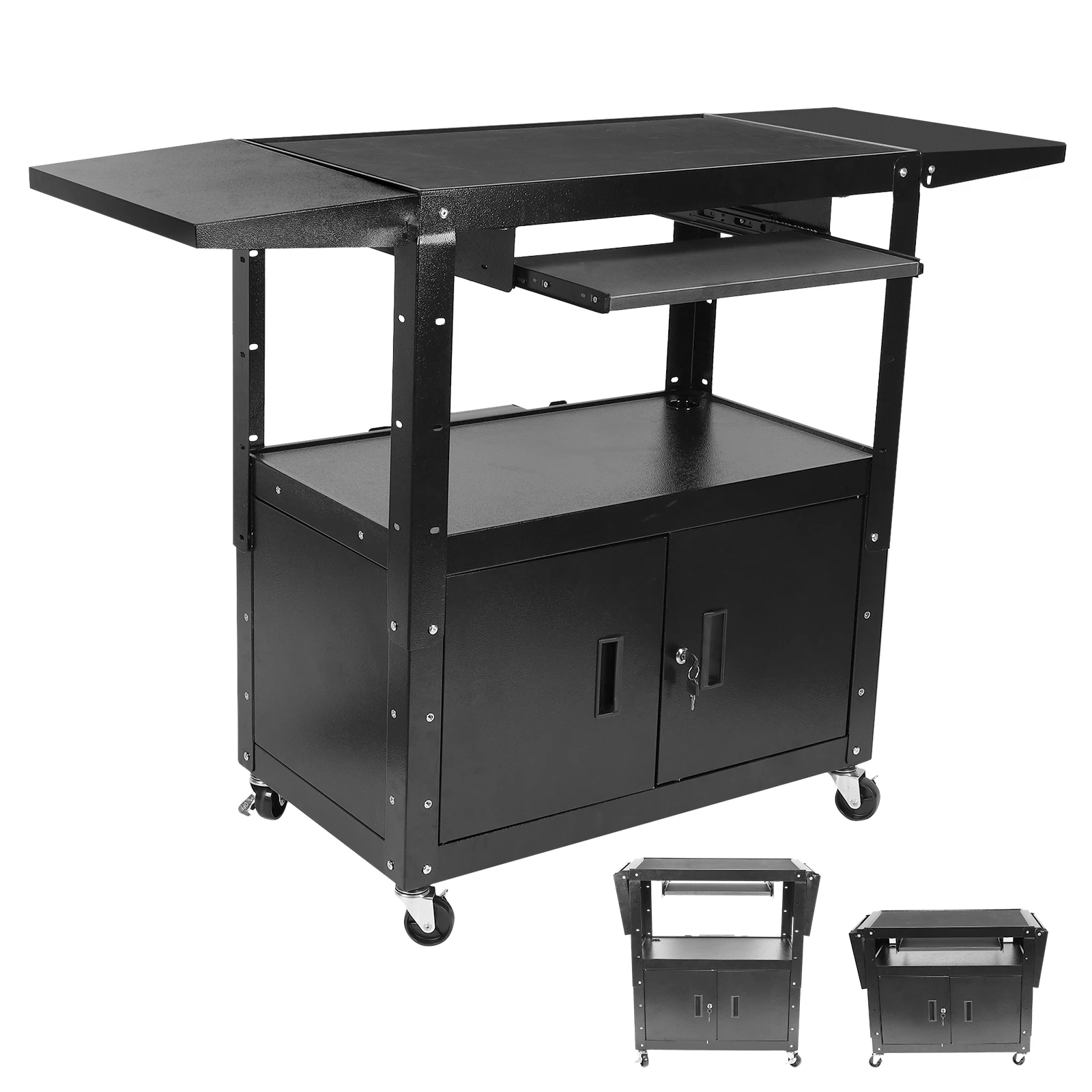 

Mobile AV Cart with Locking Cabinet Rolling Media Cart Height Adjustable with Pullout Keyboard Tray & Cord Management for Office