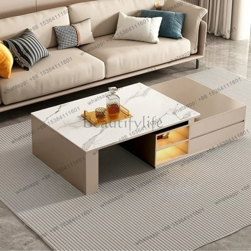 zj.Modern Light Luxury Locker Retractable Coffee Table LivingRoom Home TV Cabinet Living Room Display Drawers Coffee Table Tv Ta