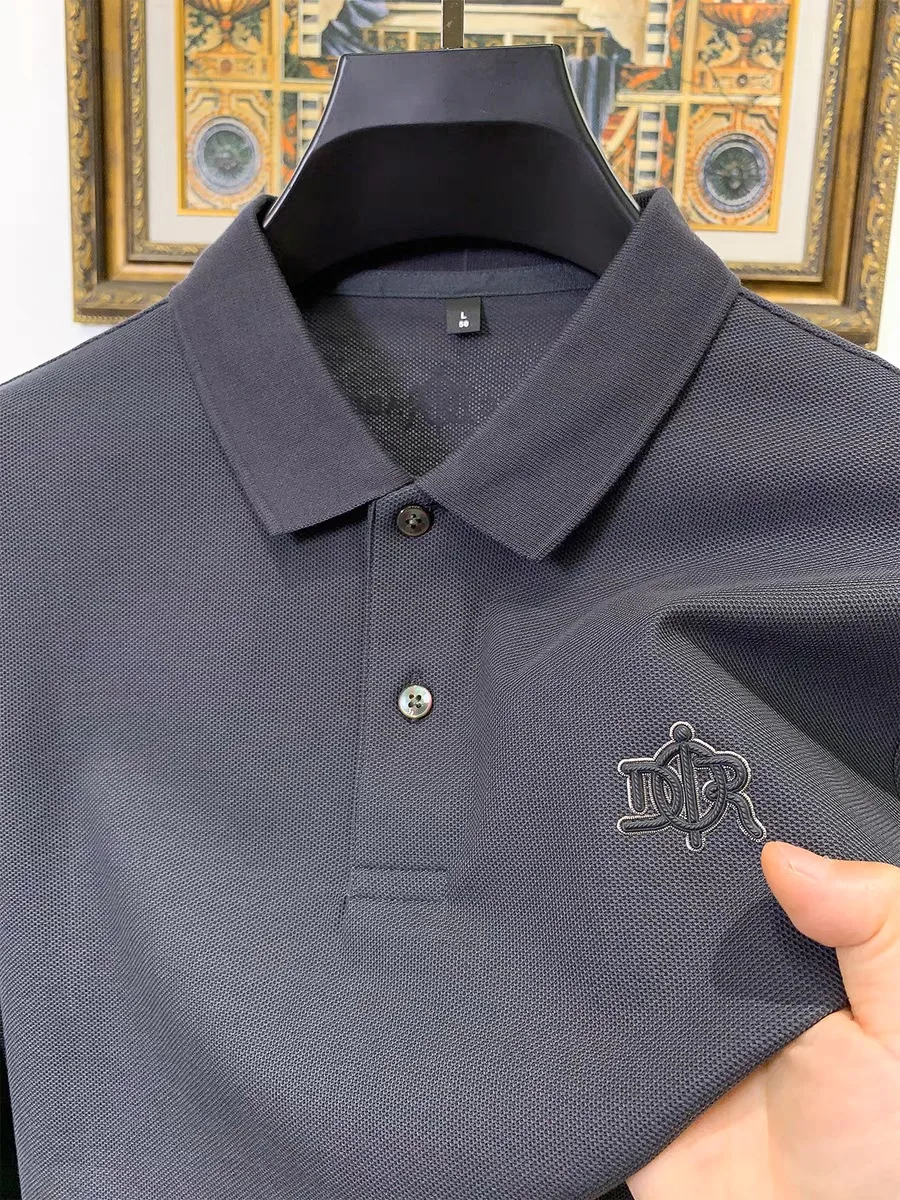 100% Pure Cotton Fashionable Men Classic Letter Relief Embossed Design Breathable Short Sleeve Summer Casual Fashion Polo Shirt