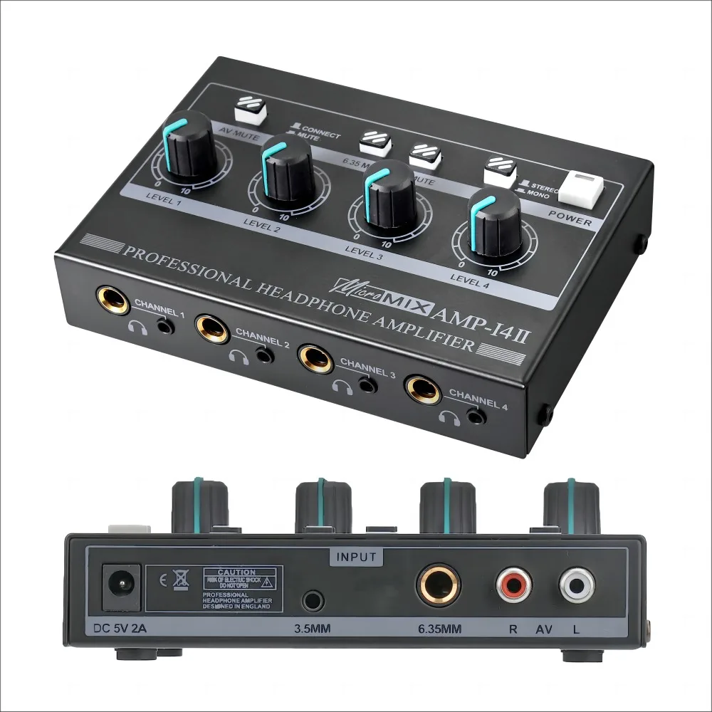 I4II Professional Stereo 4 Channel Headphone Amplifier With Independent Volume Control Power Switch for Karaoke Recording Studio