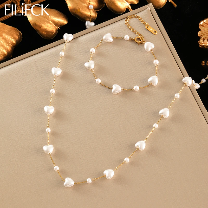

EILIECK 316L Stainless Steel Heart Shaped Pearl Necklace Bracelet Set Fashion Gold Color Waterproof Jewelry for Women Girl Gift