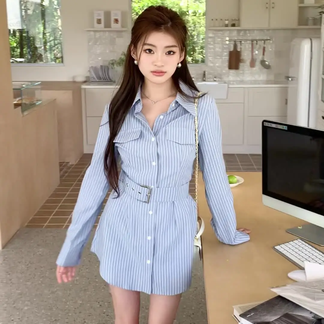 

Spring Summer Striped Shirt Dress 2 Piece Sets Women Shorts Outfit Fashion High Waist Shorts and Shirts Mini Dress Two Peice Set