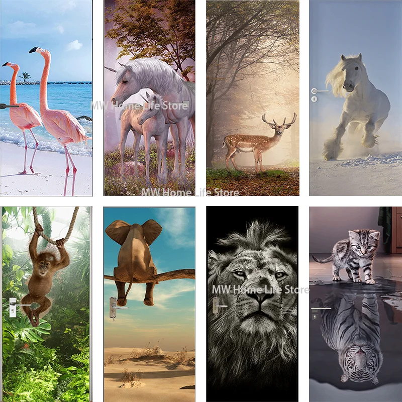 

3D Animal Door Stickers Self-adhesive Removable Mural Decorative Design Bedroom Living Room Wall Stickers Poster