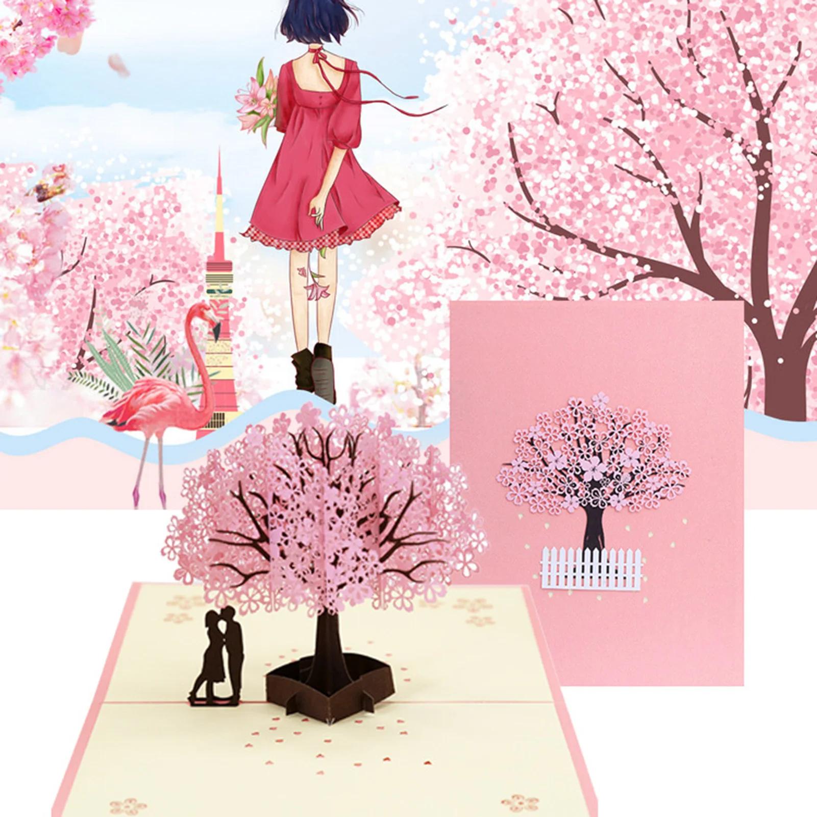 Holiday Pink Flowers Greeting Cards 3D Cherry Blossom Pops-Up Card Design for Encouragement Blessing and Appreciation