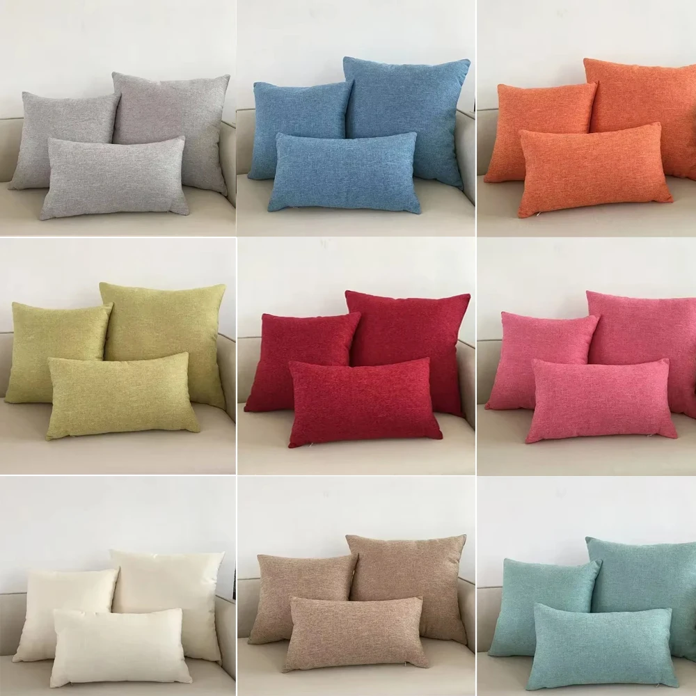 Home Cotton and Linen Cushion Cover Solid Color Yellow Gray Blue Green Orange White Decorative Pillows Case(Without Core)