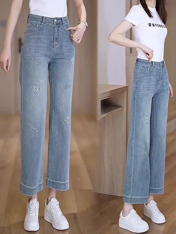 

Women's High Waist Wide Leg Jeans Summer New Sle 2025 White Embroidered Eighteen Pants Nine-Tenths Length