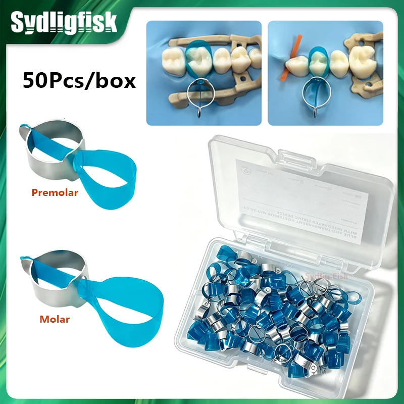 50Pcs Dental Pre-Formed Retainer Matrix Bands Blue Transparent Posterior Matrices Class-Ⅱ Restorations Molar Ring Matrix Dentist