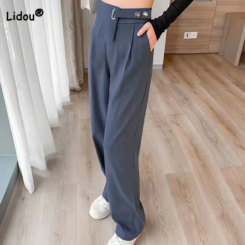 

Casual Pockets Regular Fit Drape Suit Wide-leg Pants Summer Button Solid Loose High Waist Small Fellow Straight Mopping Trousers