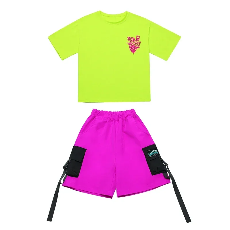 Ropa de baile de Hip Hop para niños, camiseta verde suelta para correr, Ropa de baile callejera, disfraz de actuación de práctica de Jazz para niñas, Verano