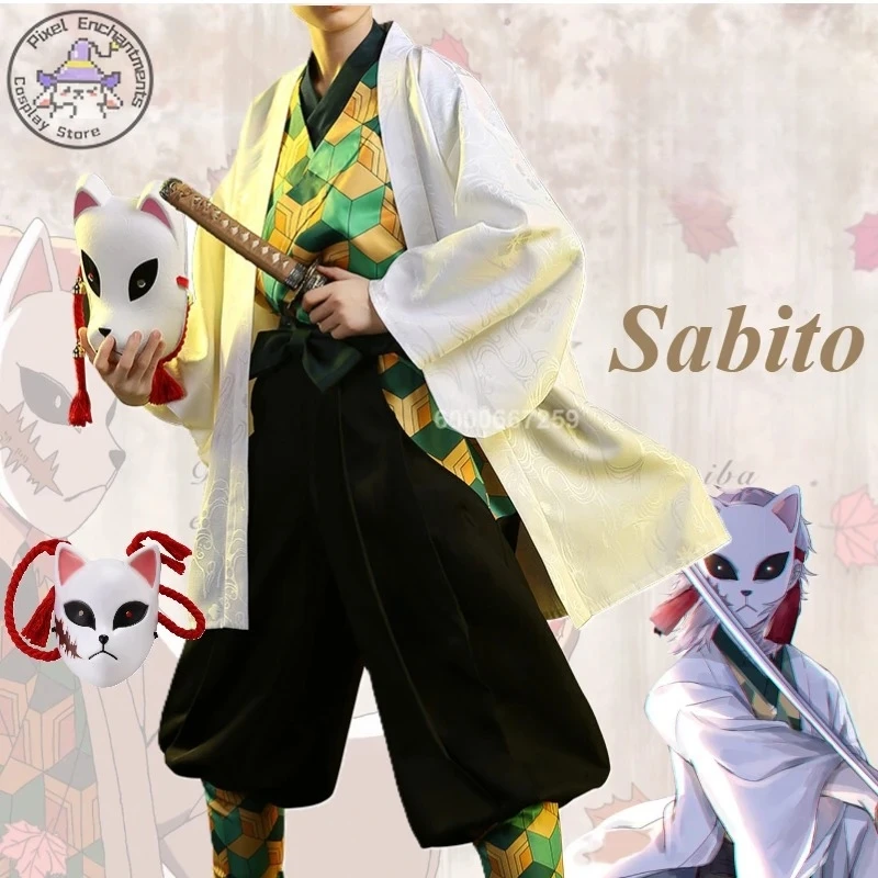 

Popular Anime Kimetsu No Yaiba Sabito Anime Cosplay Costumes Men Fox Mask Boy Role Play Uniform Wig Halloween Comic Con Outfit