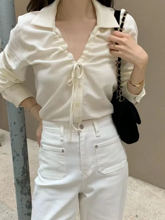 E Csa Blanca para Mujer, Moda de Primavera, Cuello en V, Diseño con Cordón, Csa cada, Estilo Casual, Manga L...