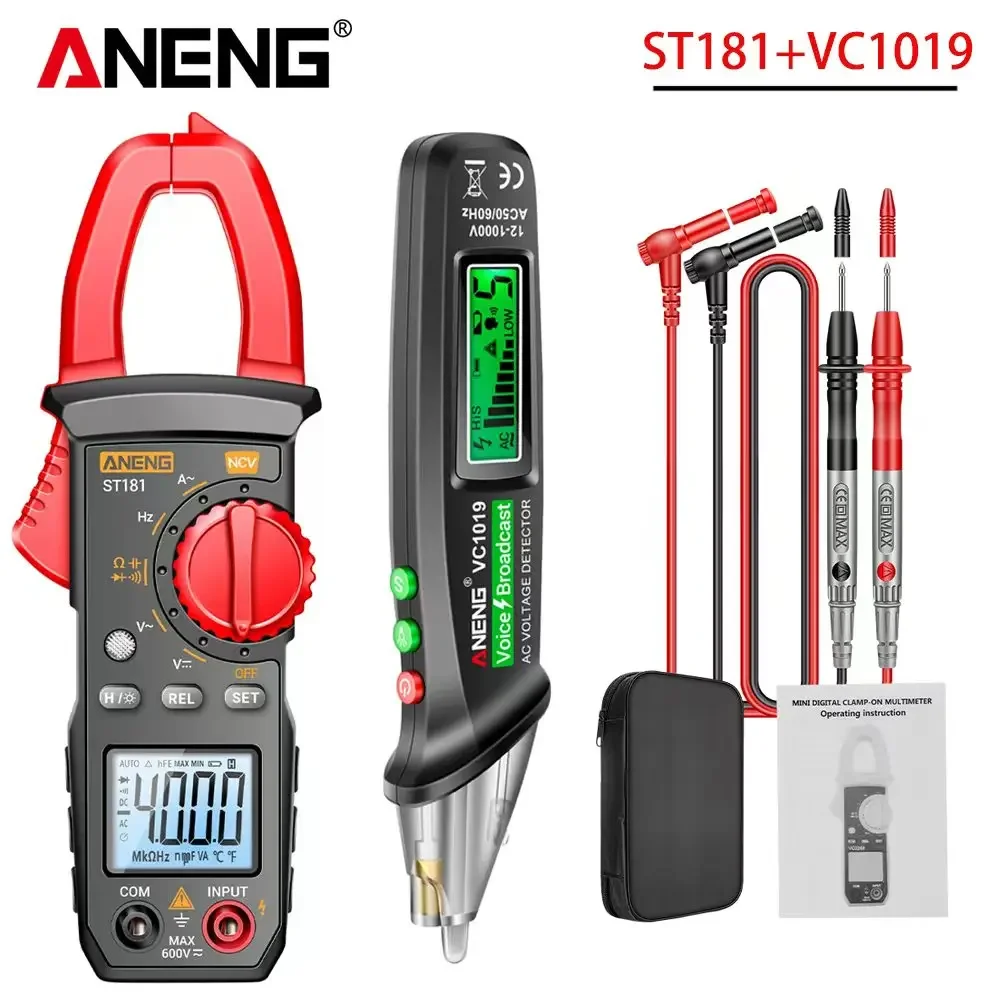 

ST181 Clamp multimeter+VC1019 voice broadcast voltage test pen kit, AC DC Voltage Hz Capacitance NCV Resistance for Electrician