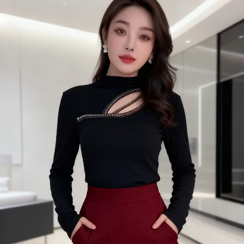 Preto, coreano, estilo, camiseta, chique, sexy, oco, brilhante, diamantes, miçangas, mulheres, tops, manga comprida, camisa de fundo, camisetas, 2026,5111704