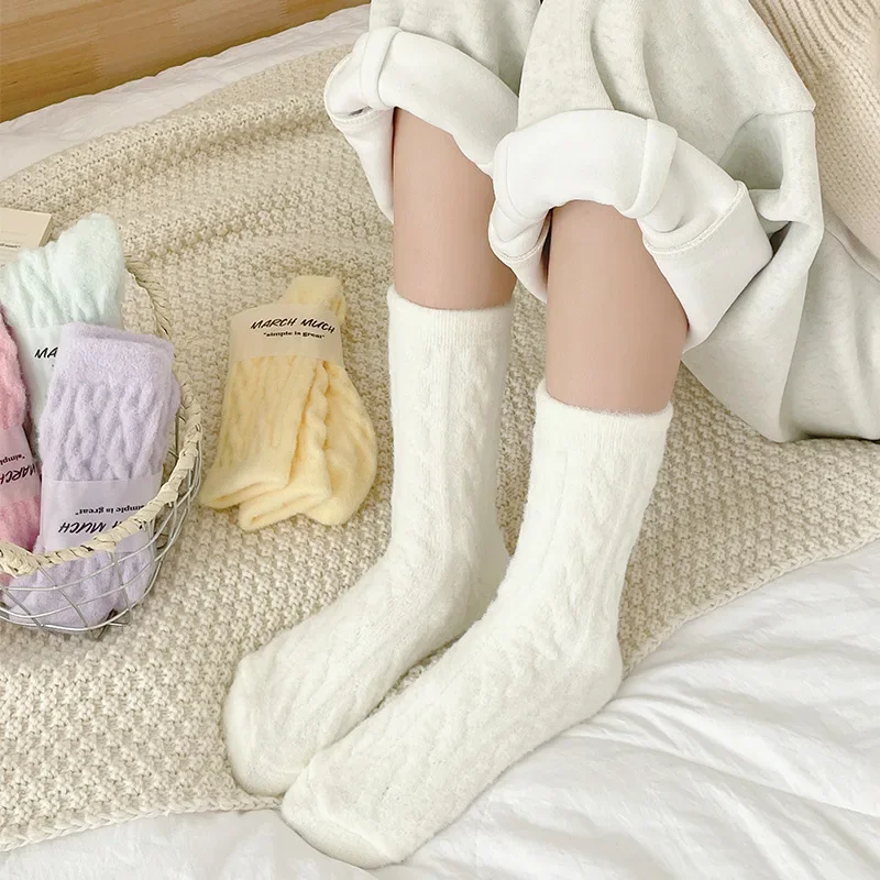 Autumn Winter Women Socks Lolita Solid Color Sweet Girl Kawaii Socks Women Thick Warm Homewear Floor Thermal Sleeping Socks