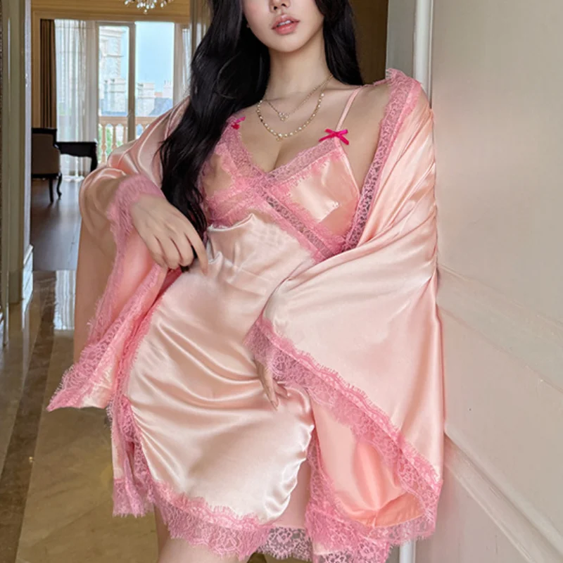 

Sexy Lace Twinset Robe Set Sleepwear Summer New Flare Sleeve Bathrobe Luxury Satin Vestidos De Novia Mini Kimono Gown Lingerie