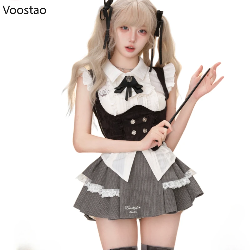 Y2k Vintage 3 Piece Set Women Preppy Style Gothic White Shirt Vest Mini Cake Skirt Suit Female Korean Fashion Elegant Outfits