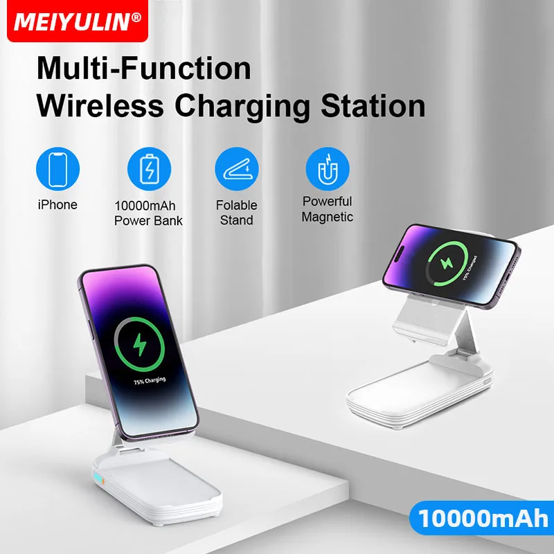 

10000mAh Magnetic Wireless Power Bank with Stand Portable USB C PD20W Fast Charging External Spare Battery for iPhone 15 Samsung