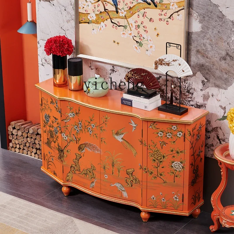 D27 Painted Home Living Room Entrance Decorative Foyer Cabinet New Chinese Orange Flower And Bird Side Cabinet