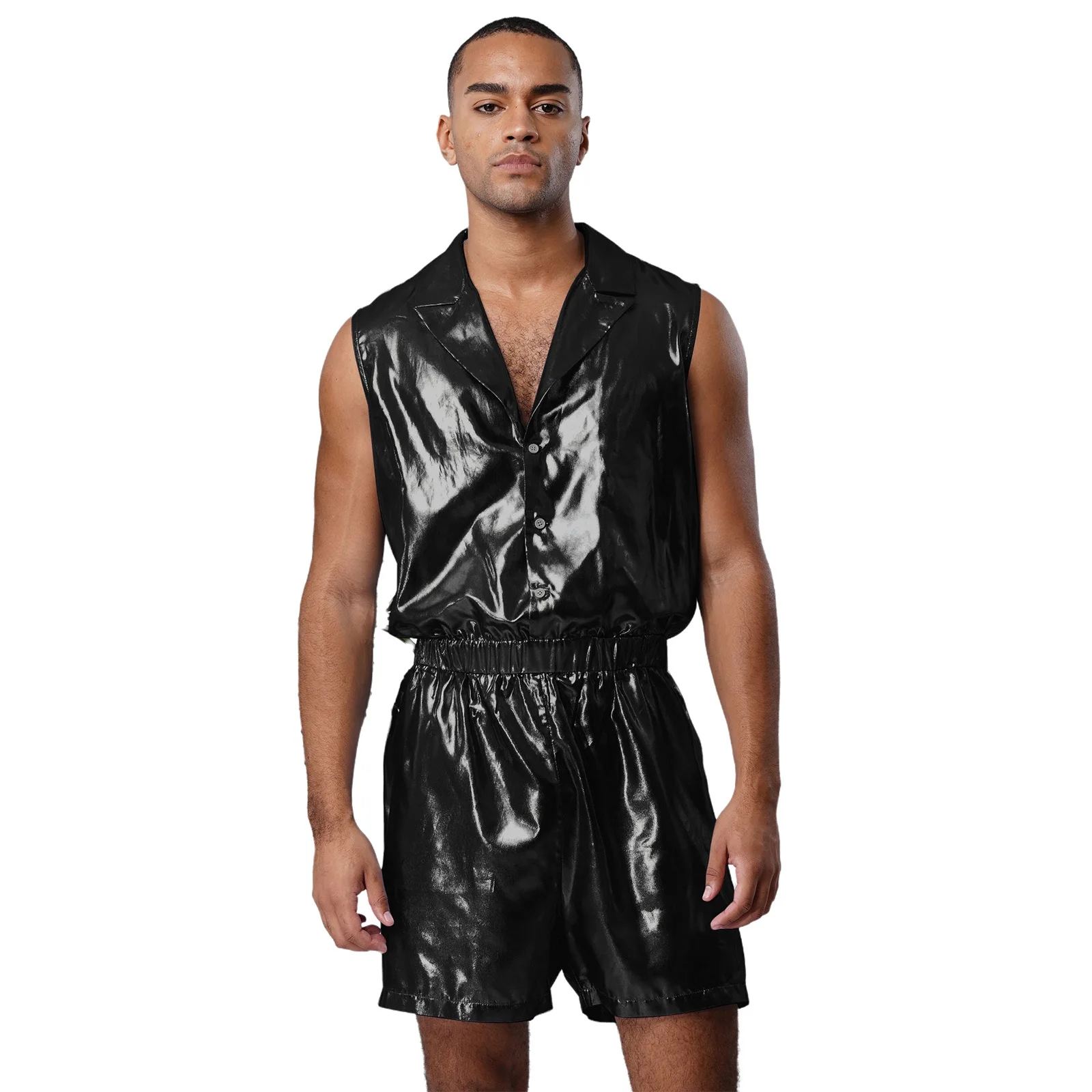 

Мужские атласные гладкие шифоновые боди металлик без рукавов с эластичной резинкой на талии, однотонное боди, модные вечерние повседневные костюмы Raves