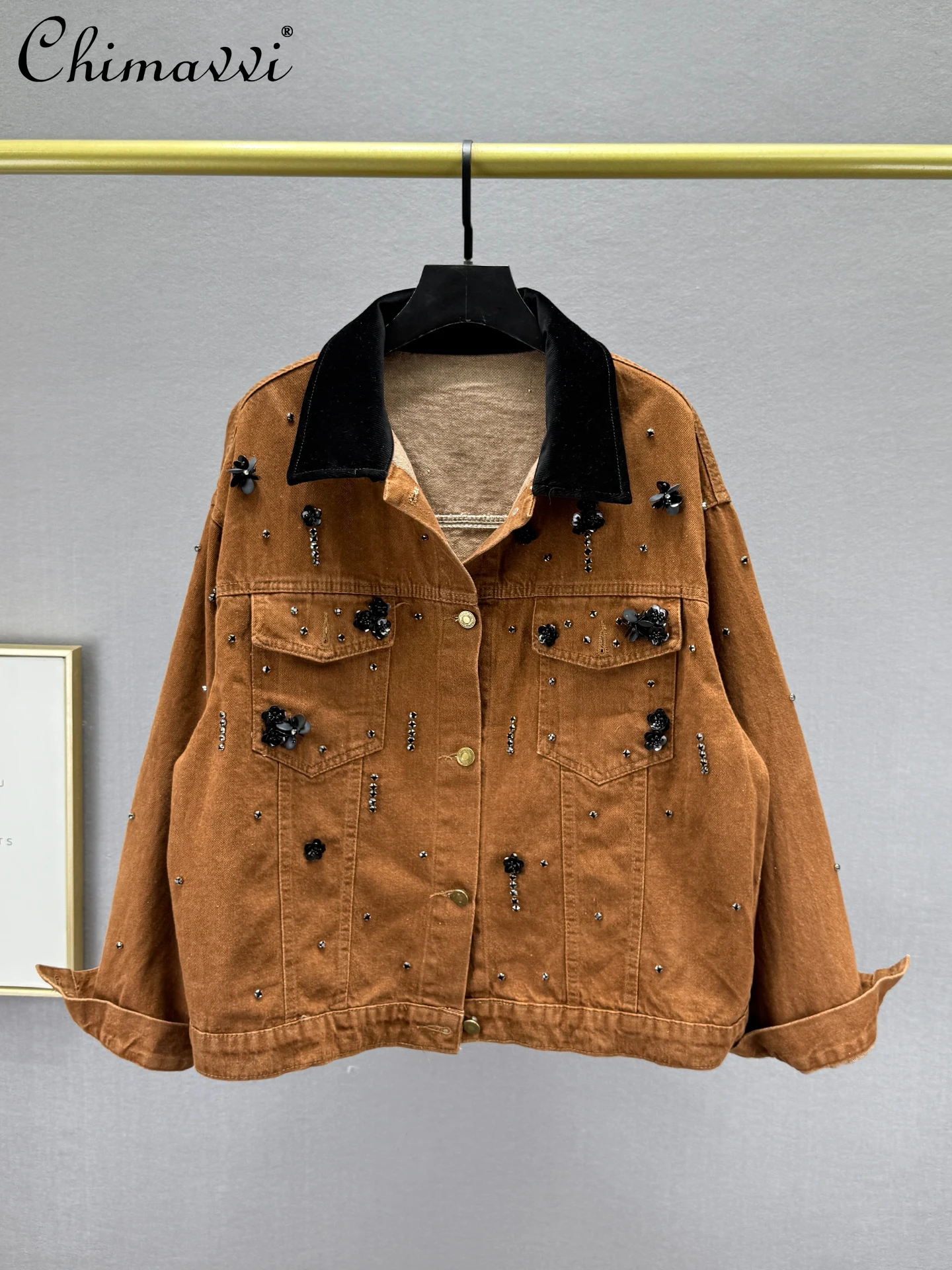 

Fashion Sequin Rhinestone Denim Jacket Women Autumn New Loose Slimming Long Sleeve Vintage Distressed Long Sleeve Coat Top