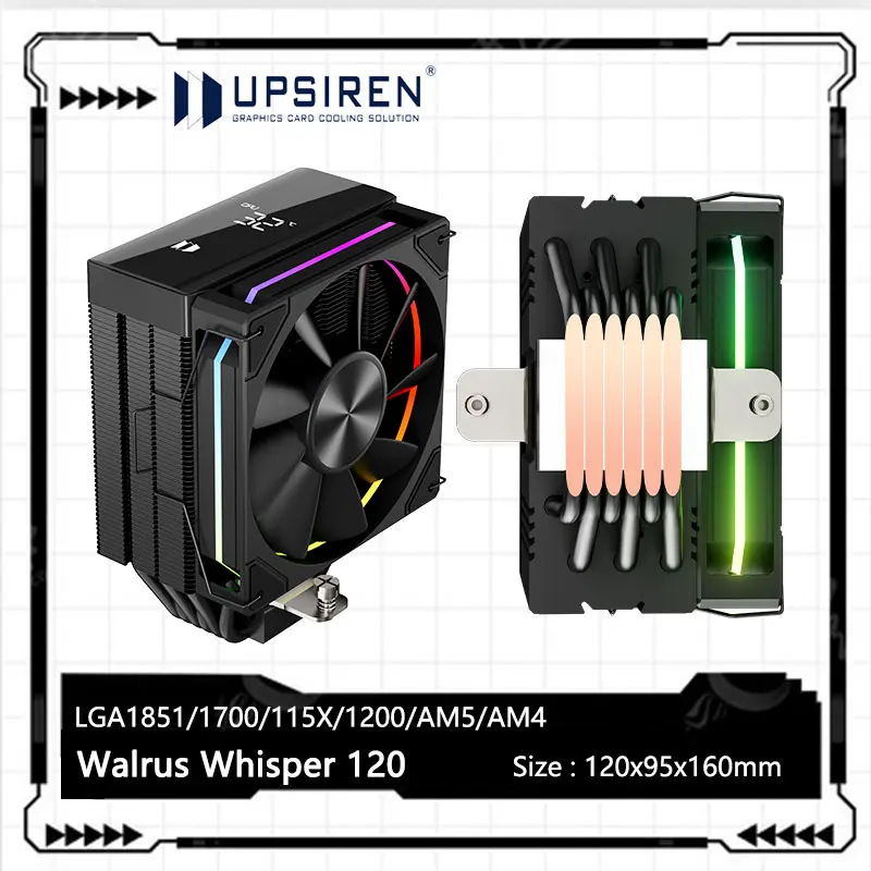 

UPSIREN Walrus Whisper 120 Temperature Digital Display air cooling radiator,TDP 220W 6 heat pipes,Support LGA1851/1700/AM5/AM4