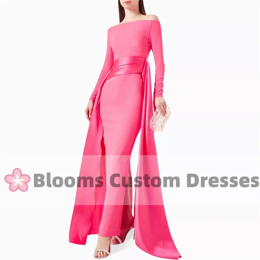 Blooms Crepe and Satin Evening Dresses 2024 Long Sleeve Simple Party Gown Off Shoulder Prom Dress robes invitée mariage