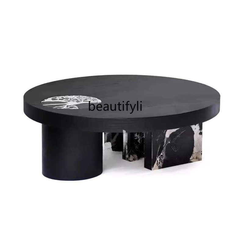 

Italian minimalist natural, black luxury stone solid wood round coffee table designer living room marble coffee table