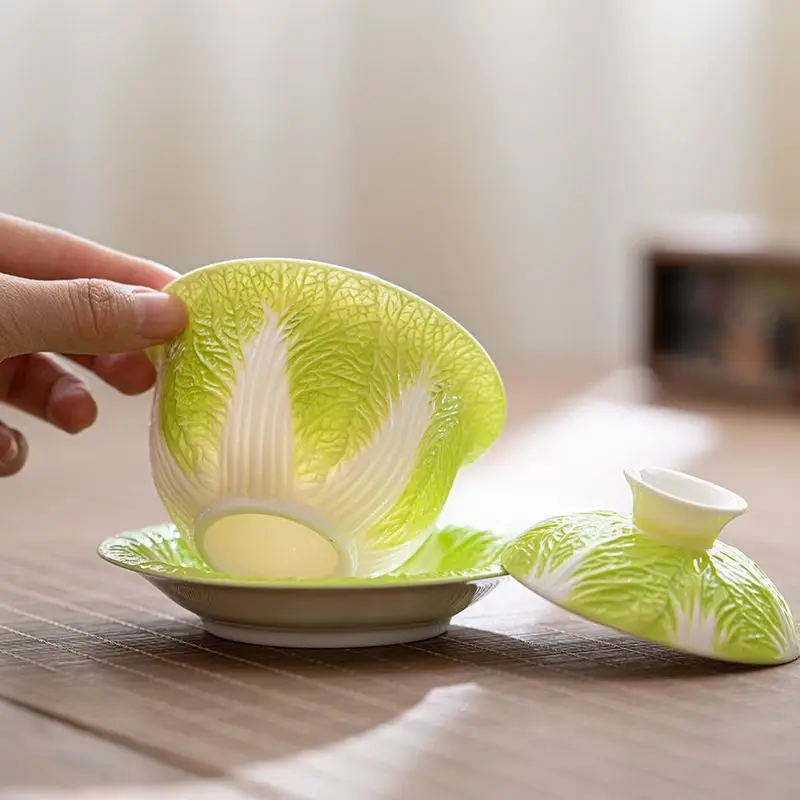Handmade Chinese Dehua Mutton Fat Jade Cabbage Gaiwan Fortune Tea Brewing Bowl with Lid for Kung Fu Home Office Premium Gift