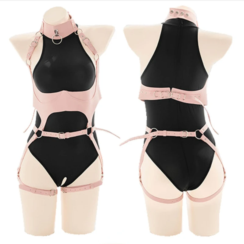 Exotic Bind Pu Leather Bondage Sexy Suit Hollow Out Set Role Play Clothes Underwear Garter Belt See Through Lingerie Set Cosplay