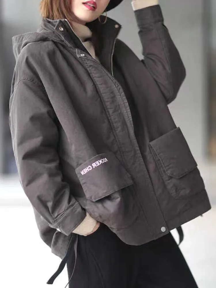 plus Size Women's Casual Korean Sle Thiened Hooded Cotton Jaet Loose Fit Workwear Outerwear Trendy Slimming Effect