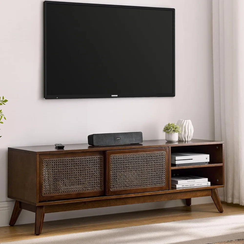 Soporte para TV moderno de mediados de siglo de 59 pulgadas con puertas de gabinete de ratán, centro de entretenimiento para televisores de 55/60/65 pulgadas, Media Con
