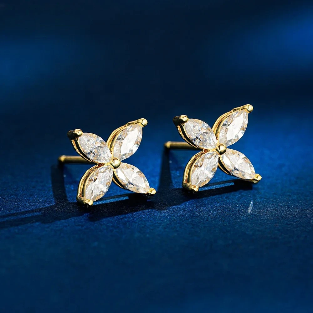 KyanGem Lucky Knot Flower-Shaped 18K Gold Stud Earrings for Women Featuring Marquise-Cut Moissanite Stone Girlfriend Gifts