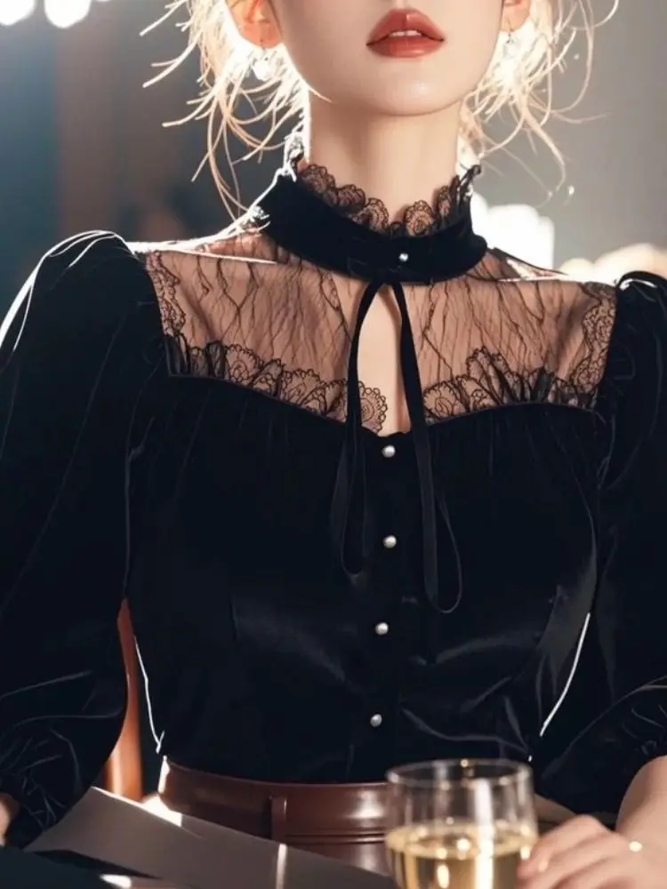 

Women Spring Autumn Elegant Temperament Solid Color Shirts Women Fashion Lace Patchwork All-match Long Sleeve Slim Tops TT402