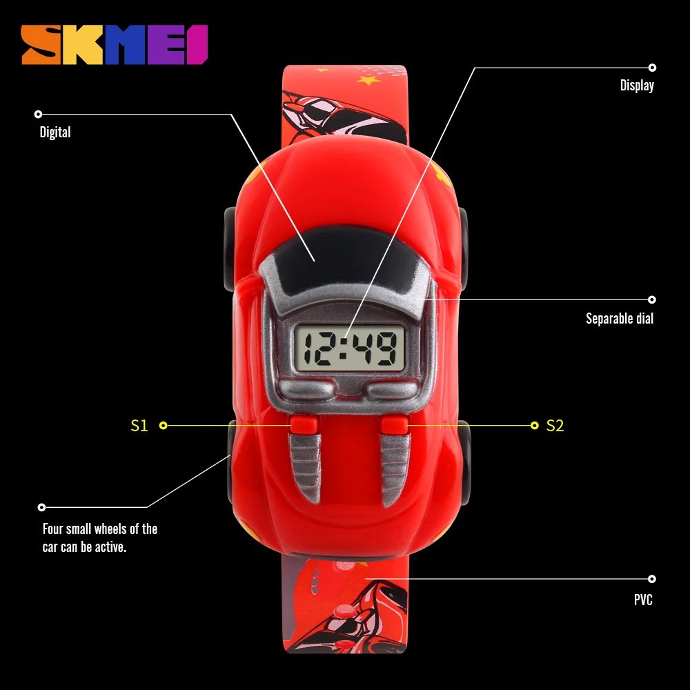 SKMEI-Montre-bracelet de voiture colorée pour enfants, montre-bracelet de dessin animé créatif pour garçons et filles