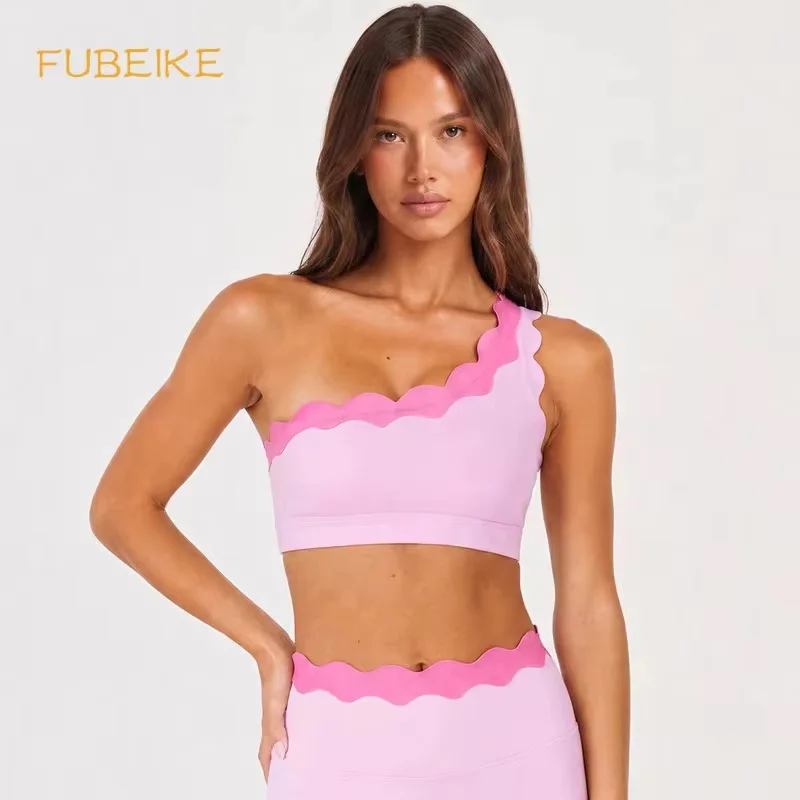 Women's Underwear Double Layer Lace Single Shoulder Fitness Bra Color-Contrast Shell Sports Top Outdoor Running Summer Yoga Vest