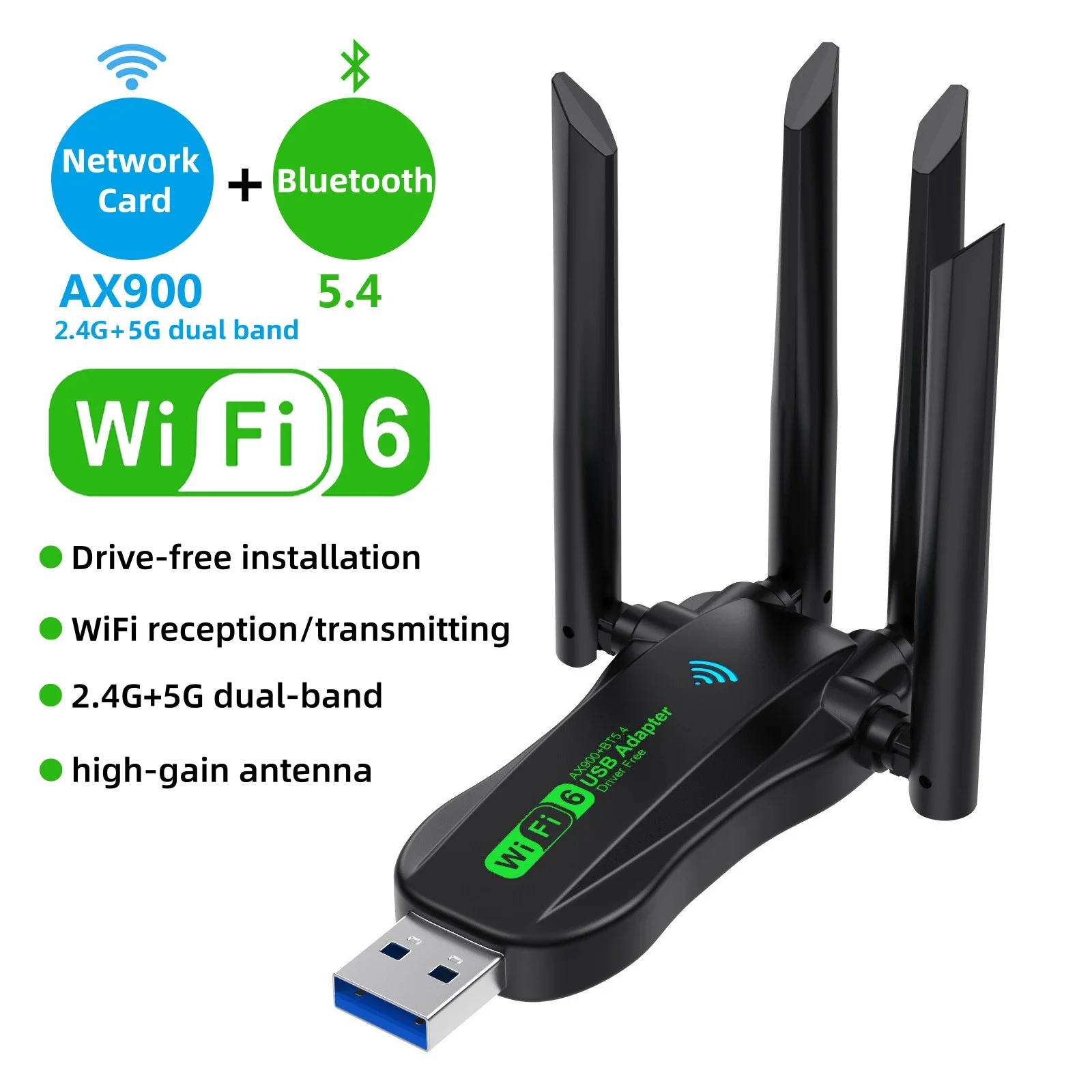 

AX900 Bluetooth 5.4 USB-адаптер, двухдиапазонная беспроводная сетевая карта 2,4G и 5G, WIFI 6, приемник, бесплатный автоматический привод для Win 10/11